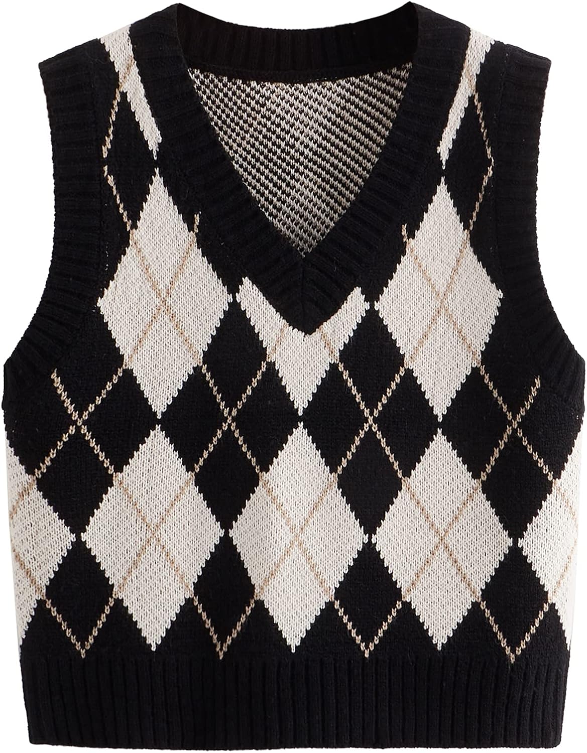 Women’s Plaid Geo Sleeveless V Neck Knit Crop Top Sweater Vest