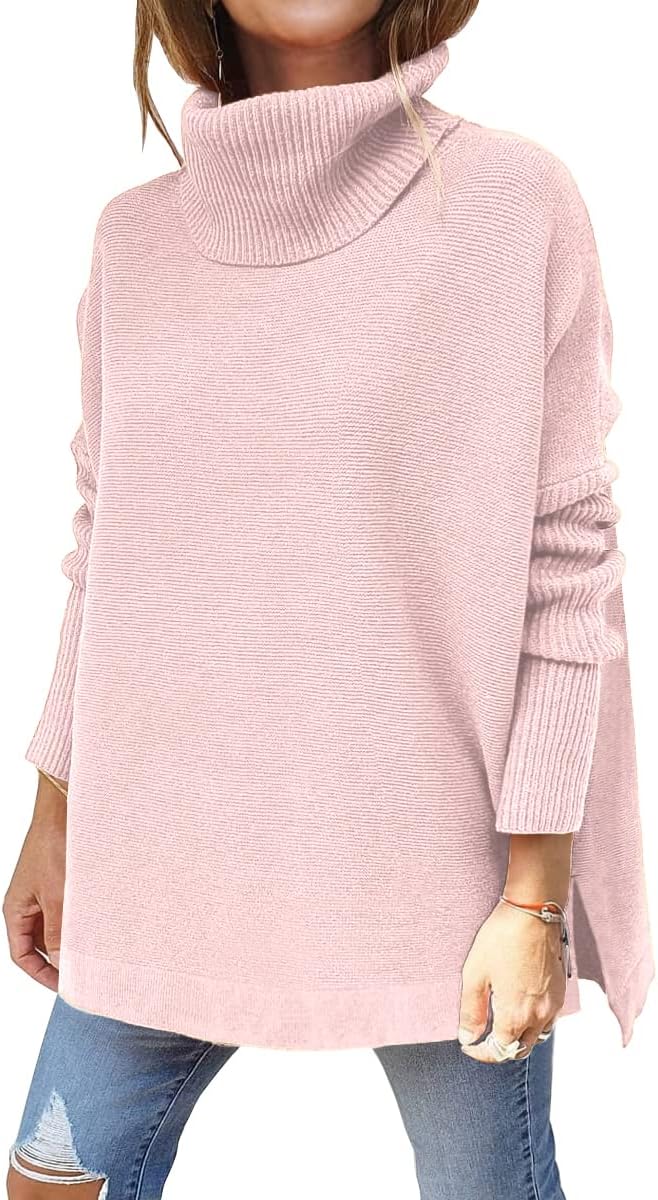 Women’s Turtleneck Oversized Sweaters Long Batwing Sleeve Spilt Hem Tunic Pullover Knit Tops