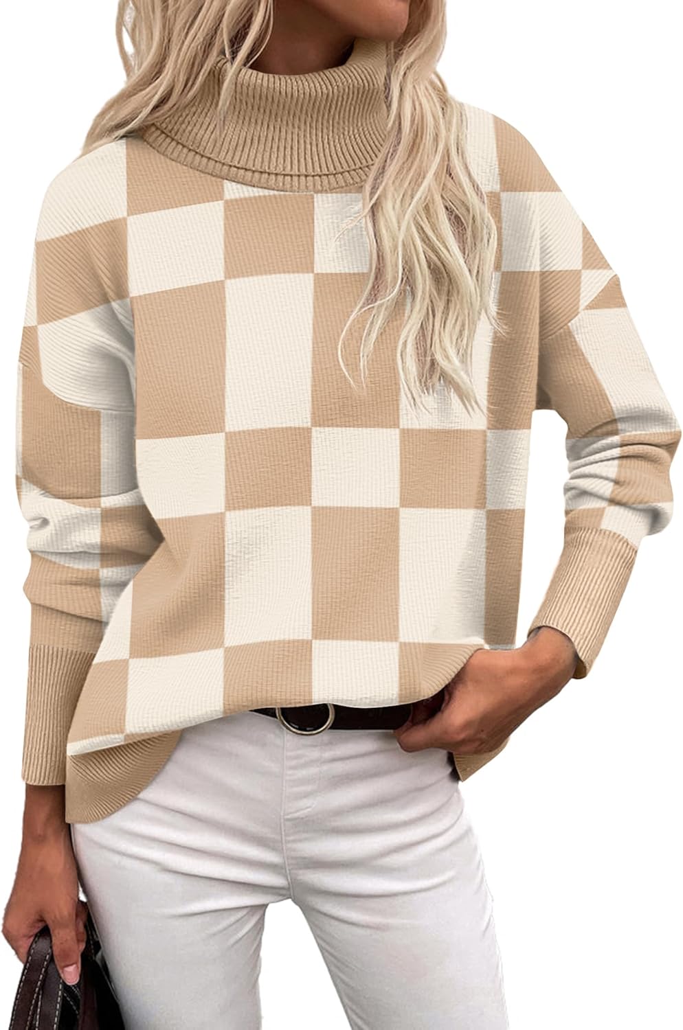 Women’s Turtleneck Sweater 2024 Fall Winter Chunky Knitted Pullover High Low Hem Trendy Basic Jumper Top